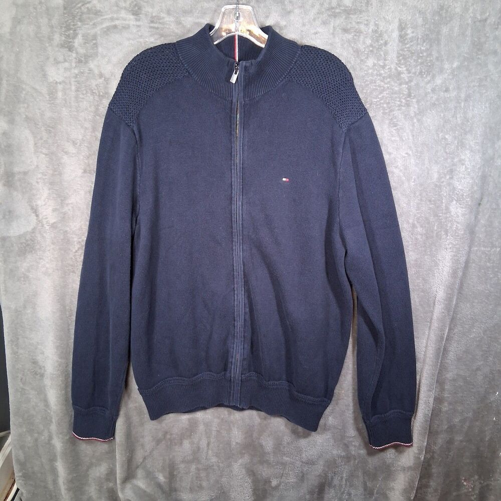 Tommy Hilfiger Full Zip Knit‎ Sweater Mens XL Blue 100% Cotton Heavy